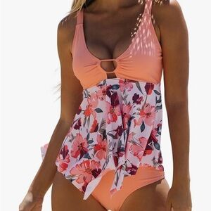 Tanki pretty peach, flower top/full coverage bottoms. XL